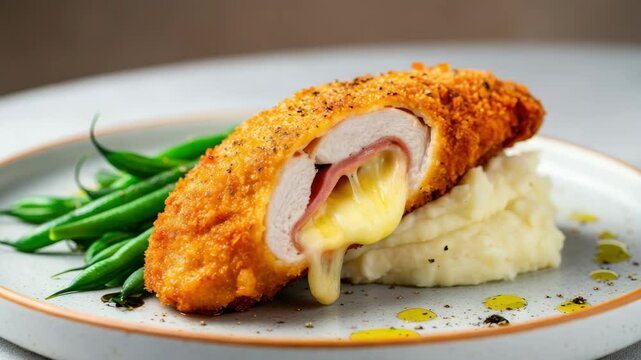 Crispy chicken cordon bleu with green beans and mashed potatoes on plate