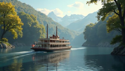 Riverboat on a Calm Lake surrounded by Mountains and Trees