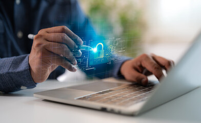 Using laptop, secure access to user personal information, information security encryption, cybersecurity, secure Internet access. Cyber security internet network data privacy concepts