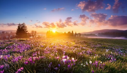 Obraz premium colorful spring sunrise on meadow