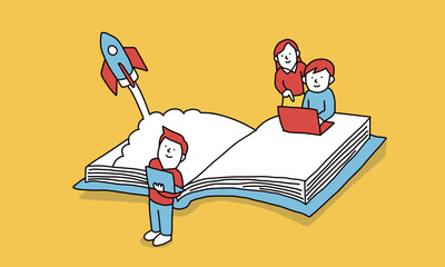 オンライン学習で成長する学生・ビジネスマンのイメージイラスト