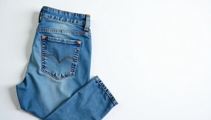 Pair of light wash jeans, neatly folded, clean white background, detail shot, white background