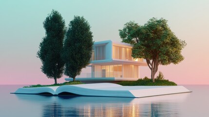 Modern villa in high resolution rising from a vintage-style book, floating against a soft gradient background. The fusion of classic literature and contemporary design.
