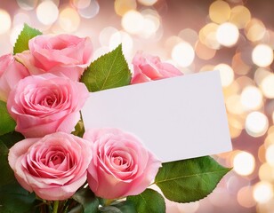 elegant pink rose bouquet with blank gift card on soft bokeh background