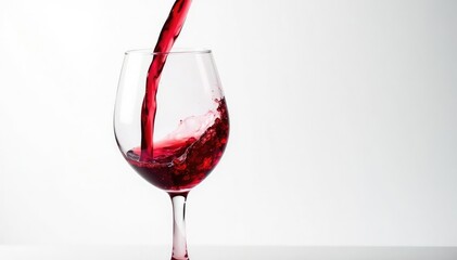 Pouring red wine, clean white background; focus on liquid, red wine pour, wine splash