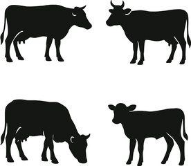 Black and white vector silhouettes of farm animals including cows pigs sheep and horses in icon style