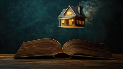 Open book placed on a minimalist desk with a high-res house model gently hovering above. The pages illuminate the base, creating a magical moment.