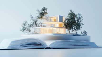 Open book with glowing pages, from which a photorealistic modern home floats upward, symbolizing the creation of dreams from literature. White background, crisp shadows.