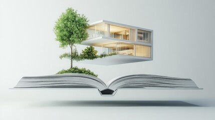Open design book with bright pages and a detailed modern house floating upward from its binding. Studio lighting and sharp focus.