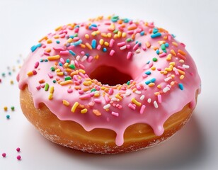 donut with pink icing and colorful sprinkles on white background