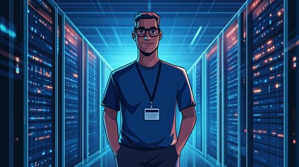 Futuristic IT Professional Animated Character in a High-Tech Data Center for Digital Management and Cybersecurity