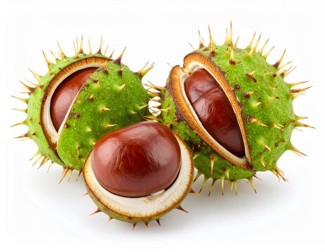 Marrons dans leur bogue ouverte, fruits du marronnier non comestible. Isol&eacute; sur fond blanc. Generated image