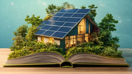 Photo-real modern house with solar panels emerging from an open book, symbolizing sustainable architecture born from knowledge.