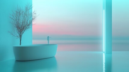 A serene bathroom with a modern tub, glowing teal light, and a tranquil sunset view.