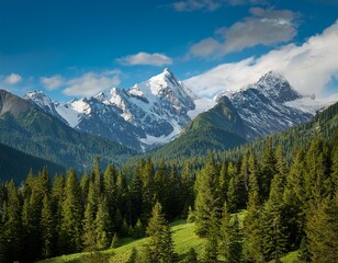 majestic snow capped mountains rise above a lush green forest