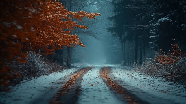 Snowy path through a misty forest with vibrant fall colors
