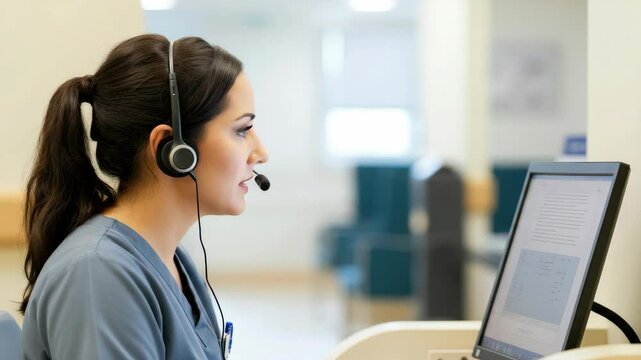 Female healthcare professional with headset working on computer
