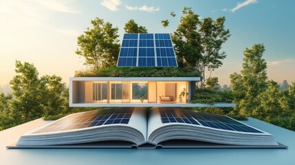Photo-real modern house with solar panels emerging from an open book, symbolizing sustainable architecture born from knowledge.