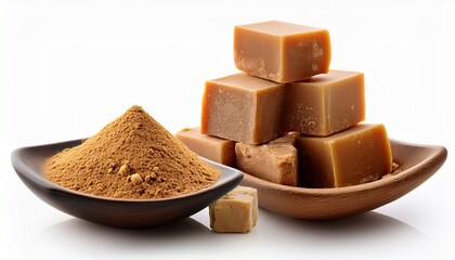 assorted jaggery products including cubes and powder on an isolated white background perfect for health food marketing and natural sweetener product displays