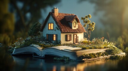 Photorealistic small cottage rising from the center of a children's fairytale book, symbolizing imagination and home.