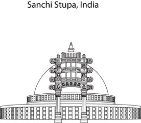 Sanchi Stupa Vector Line Illustration