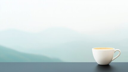 A cup of coffee on a table with a mountain view.  Peaceful morning, relaxation, tranquility concept.