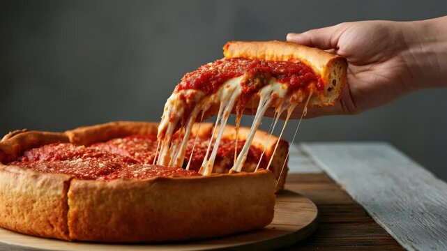 Deep-dish pizza with cheese pull Thick crust and rich tomato sauce