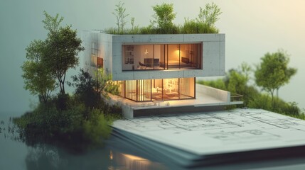 Photorealistic three-story modern home appears to levitate from an old blueprint journal. Crisp lighting and sharp contrast.
