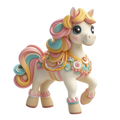 Colorful cartoon pony with pastel mane and decorative accessories, exuding a cheerful and whimsical vibe. Isolated on transparent white background, png