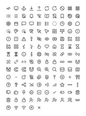 User interface iconography set. Various simple illustrations, including: display, location, arrow, settings, bookmark, location, magnet, search, email, signal, wifi, share, attachment, help, love, etc