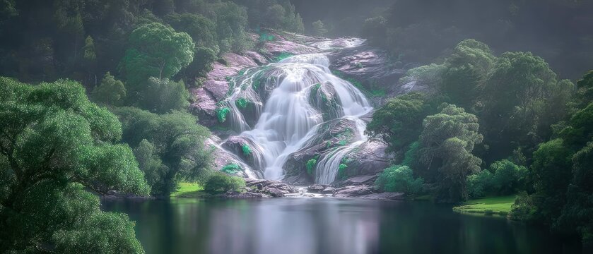 Misty waterfall cascading into a serene lake surrounded by lush forest - Powered by Adobe