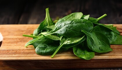 a close up of fresh spinach leaves on a wooden board