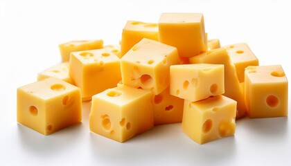 closeup of freshly cut yellow cheese cubes on a white background