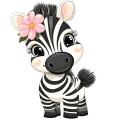 Cute cartoon zebra with large eyes and a pink flower in its mane, exuding a playful charm. Isolated on transparent white background, png	
