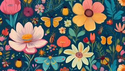 Fototapeta premium garden delight flowers and bugs repeating print flat illustration solid color cute hand drawn