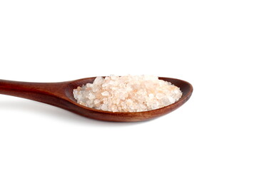 On a white background, there is pink coarse sea salt on a wooden spoon.