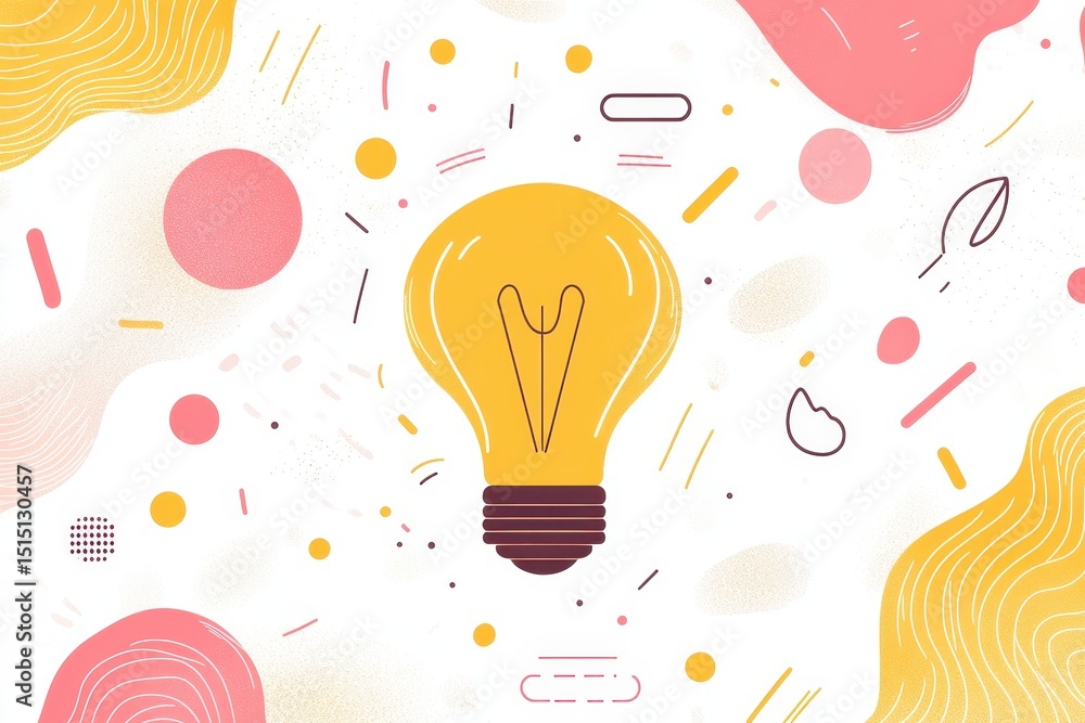 Poster bright light bulb surrounded by colorful abstract shapes and patterns