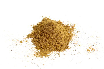 Heap of curry spices lying on white background.
