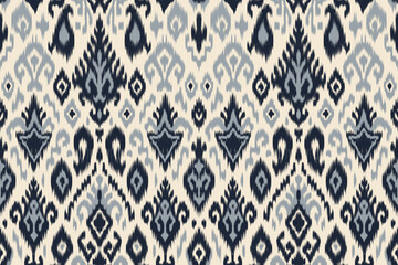 Ikat pattern seamless vector with traditional ethnic tribal blue and white textile design. Abstract boho fabric background for fashion, interior, wallpaper, print, crafts, wrapping and decoration.