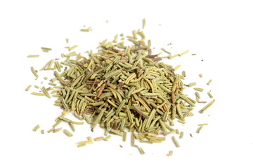 There is a small pile of dried rosemary spice lying on a white background.	
