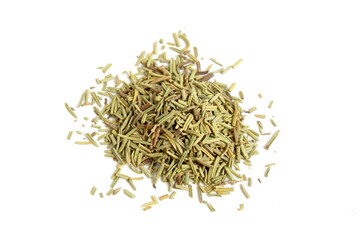There is a small pile of dried rosemary spice lying on a white background.