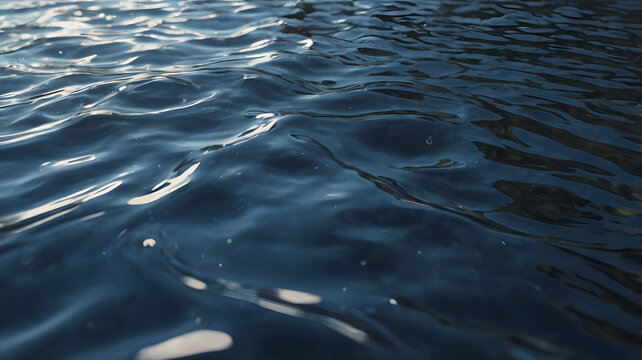 Close up of dark blue ocean water surface with ripples and sunlight reflections creating a dynamic and textured natural background