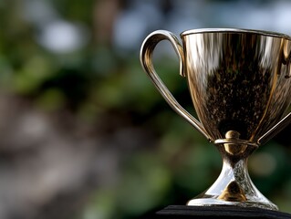 Gold trophy in a lush outdoor setting