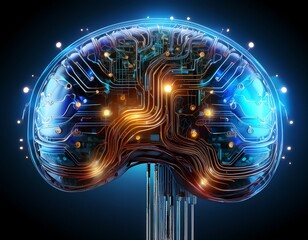 futuristic electronic brain with glowing circuits isolated on transparent cutout background