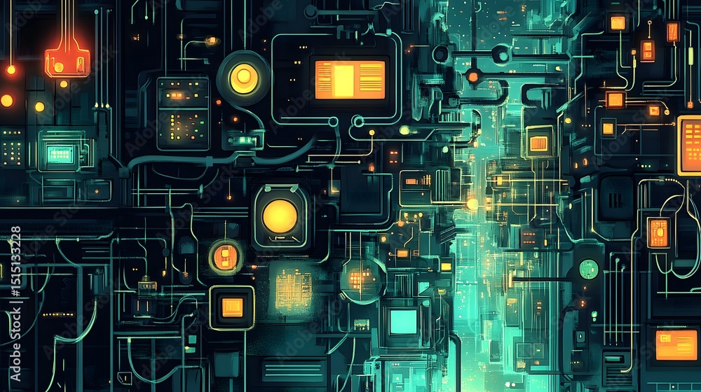 Poster intricate network of glowing technological components.