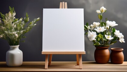 blank canvas mock up welcome sign signboard on a wooden easel