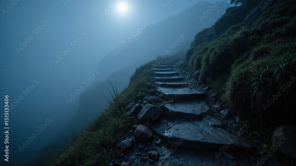 Poster misty pathway leading through foggy terrain, illuminated by soft moonlight, creating serene and myst