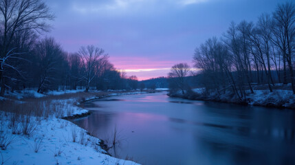 Obraz premium Serene winter landscape featuring calm river reflecting soft purple and blue hues during sunset. Snow blankets banks, and trees line shore
