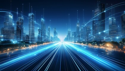 smart city with speed line light trail big data connection business theme simple design blue hue