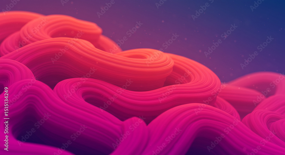 Poster colorful abstract 3d rendering of intertwined flowing shapes in orange, pink, and purple. features a
